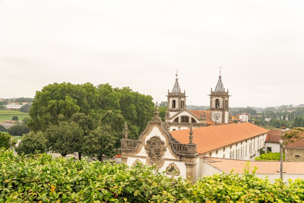 Eine historische Kirche mit zwei Glockentürmen und einem roten Ziegeldach steht inmitten grüner Bäume, im Hintergrund sind Landschaften und entfernte Gebäude zu sehen, während der Himmel bedeckt ist.