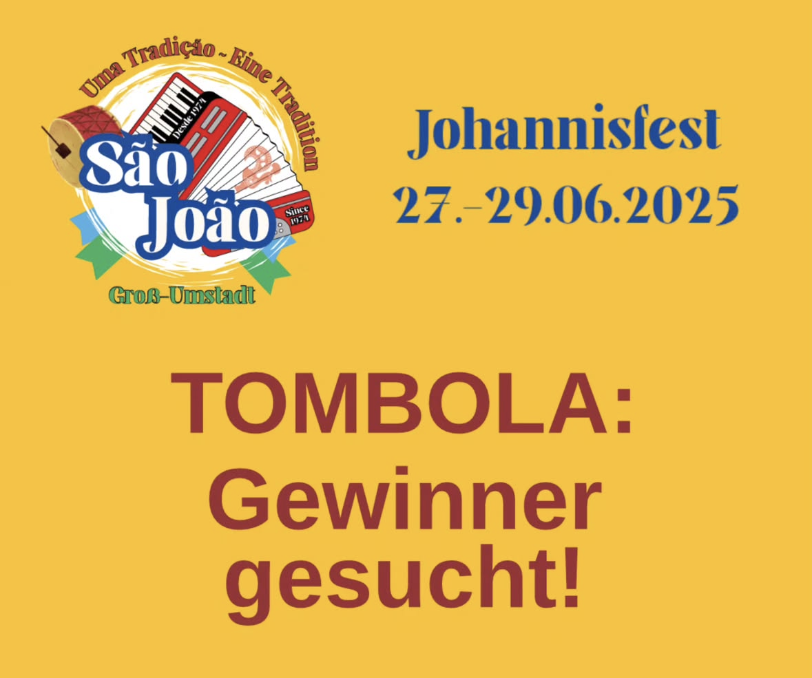 Gelbes Plakat mit dem Logo des Johannisfestes 2025, dem Datum 27.-29.06.2025 und fetter roter Schrift: Tombola - Gewinner gesucht! (lädt alle ein, beim Johannisfest 2025 mitzufiebern.