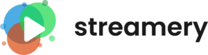 Logo für streamery mit drei sich überlappenden bunten Kreisen (blau, grün und orange) mit einer weißen Abspieltaste in der Mitte, daneben der Markenname "streamery" in fetten, schwarzen Kleinbuchstaben.