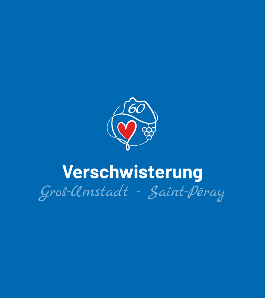 Weiße Strichzeichnung zweier miteinander verbundener Formen mit einem Herz und Weintrauben, darüber die Zahl 60, auf Blau. Darunter der Text "Verschwisterung Groß-Umstadt - Saint-Péray" in Fett- und Schreibschrift, der die Freundschaft zwischen den beiden Städten hervorhebt.