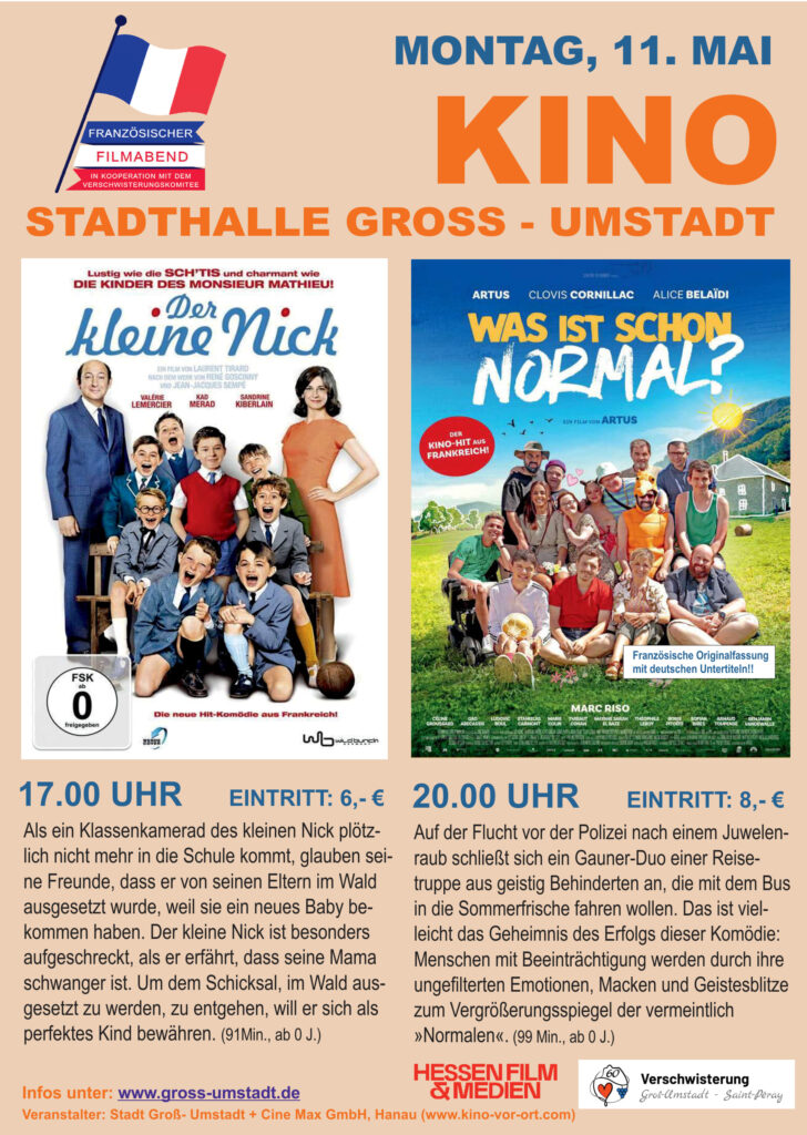 Ein Filmplakat weist auf zwei Filme für den Französischen Filmabend in der Stadthalle Groß-Umstadt hin. Bunte Grafiken und Darstellerfotos zeigen Filmdetails, Vorstellungszeiten (17:00 und 20:00 Uhr), Ticketpreise und Zusammenfassungen.